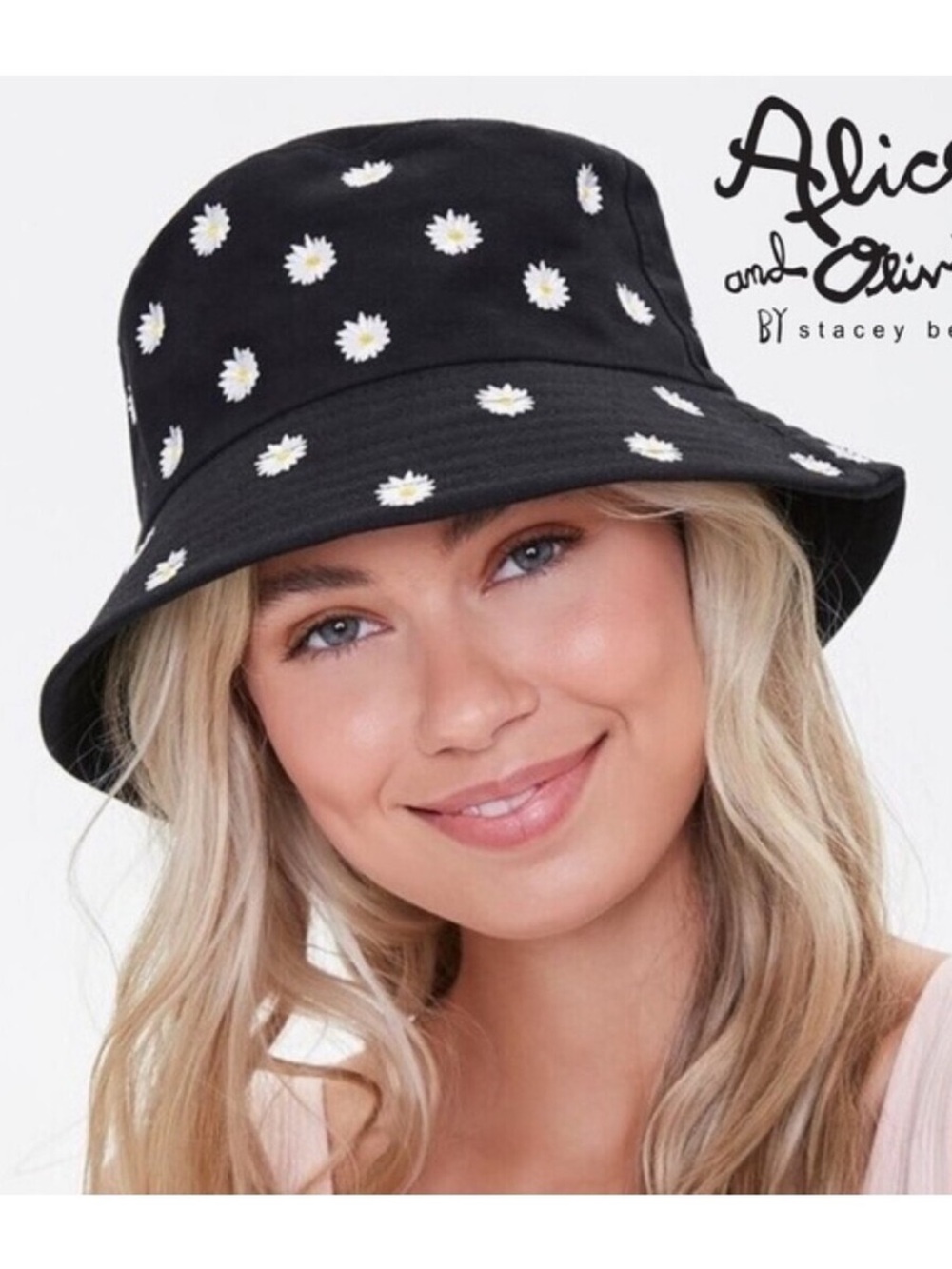 Alice + Olivia Black Bucket Hat with White Daisy Embroidery - Kids